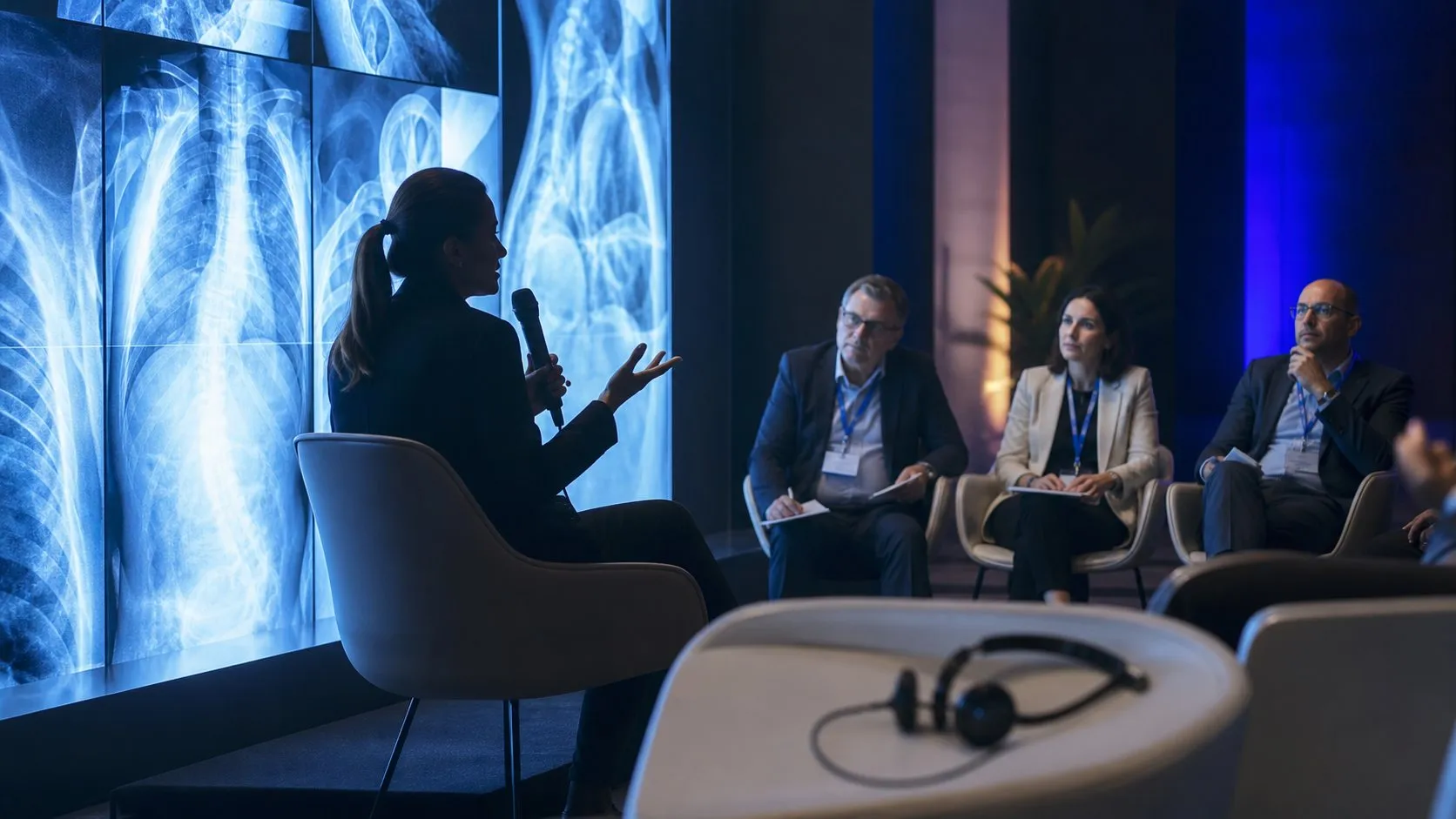 Especialista modera una conversación técnica de radiología ante un panel profesional.