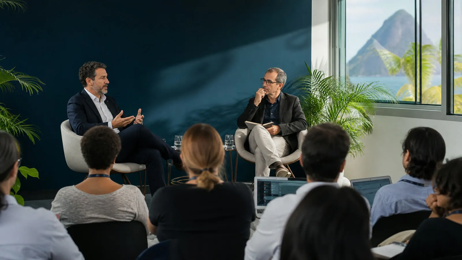 Dos especialistas dialogan ante una audiencia durante una conferencia académica de tecnología y gobernanza de datos.