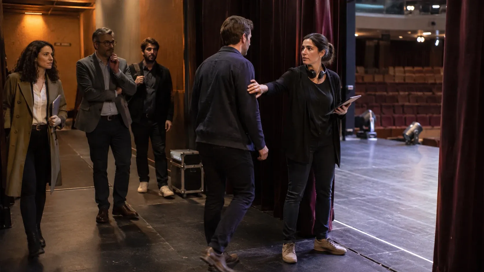 Directora de programación detiene a un speaker en el acceso lateral al escenario mientras el equipo espera detrás.