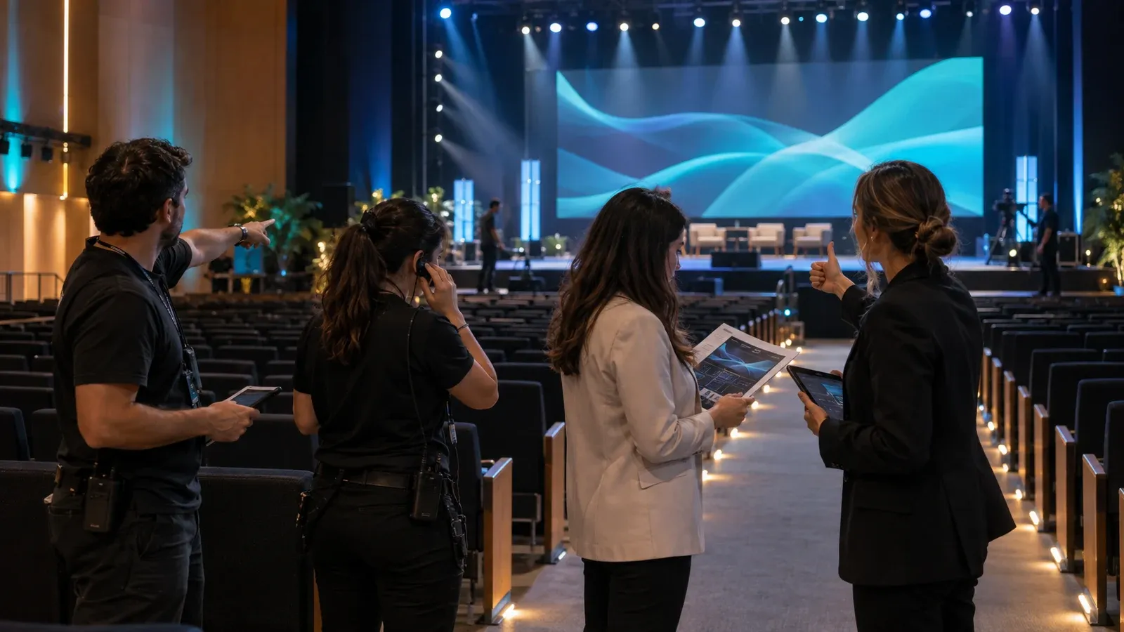 Un equipo de Talento, Marketing, Dirección y Producción coordina el montaje de un evento frente al escenario.