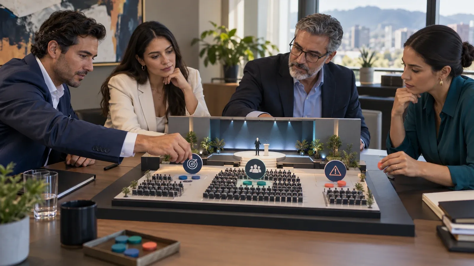 Cuatro integrantes de un comité ejecutivo evalúan una maqueta de auditorio antes de decidir la contratación de un speaker.