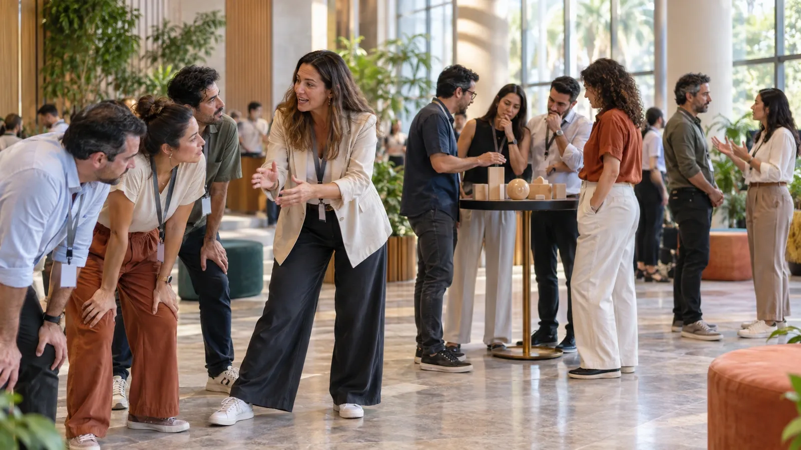 Una facilitadora conduce a distintos grupos de una convención desde la reactivación hasta la conversación enfocada y el compromiso.
