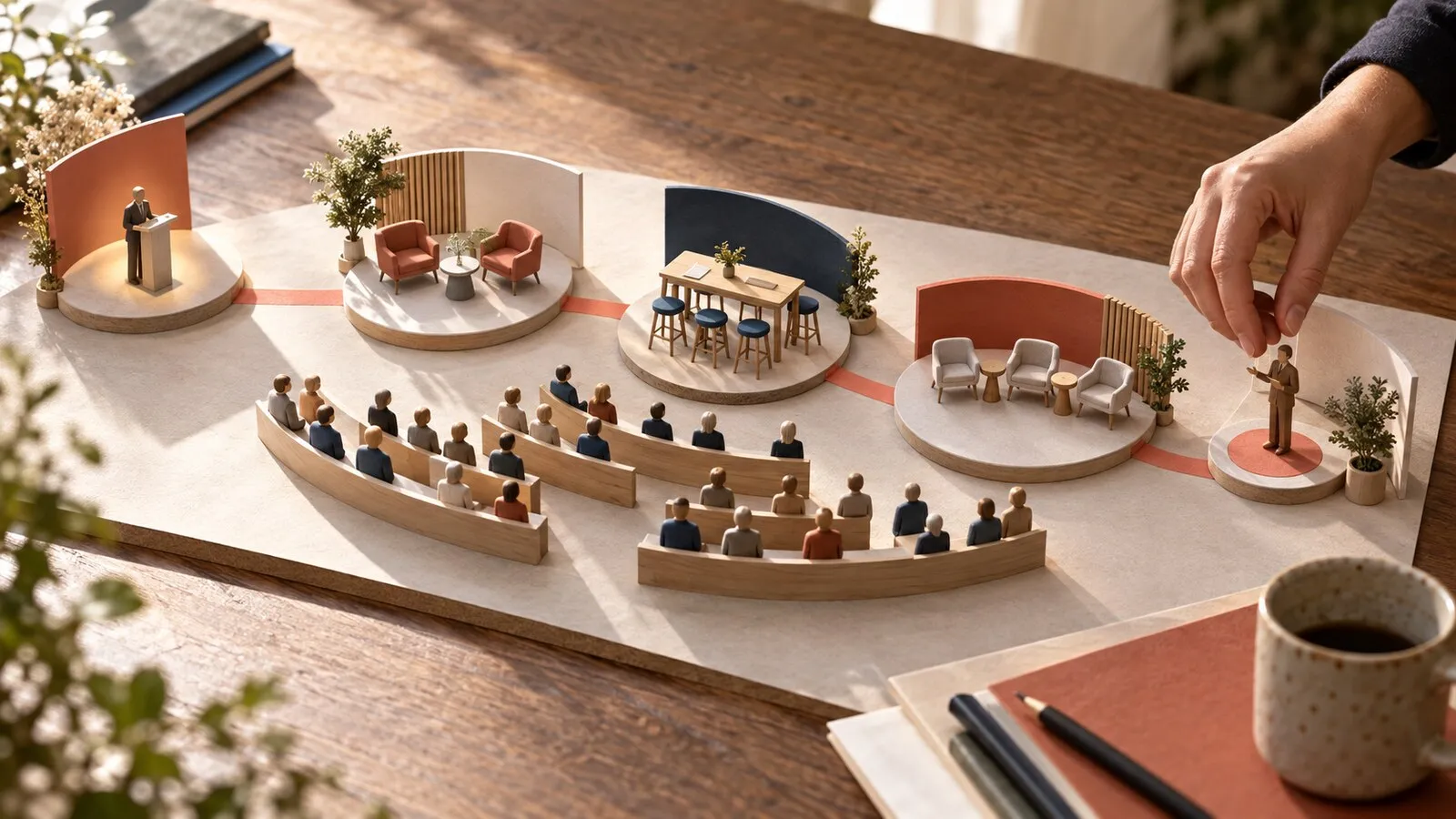 Maqueta de una agenda de conferencias con keynote, entrevista, taller, panel y moderación articulados frente a una misma audiencia.