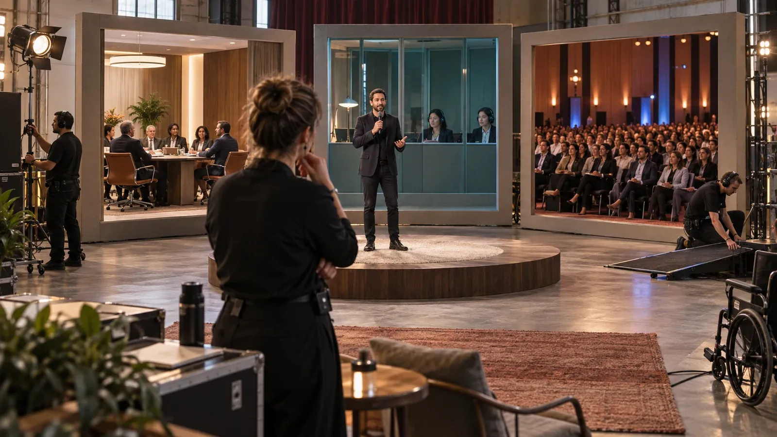 Una productora observa a un conferencista ensayar la misma intervención ante una mesa ejecutiva, una cabina de interpretación y una audiencia de conferencia.