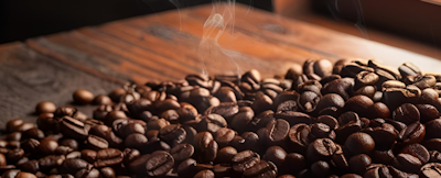 Tres profesionales conversan alrededor de una mesa con un cultivo de café al fondo.