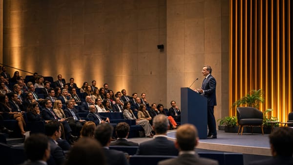 Audiencia de profesionales jurídicos escucha una conferencia en un auditorio formal.