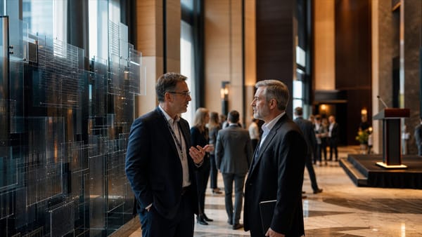 Dos ejecutivos conversan durante la llegada a una conferencia tecnológica en un hotel.