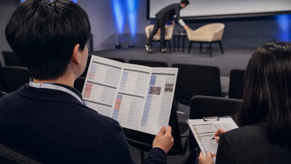 Asistentes revisan un programa de evento mientras se prepara una conversación en el escenario.