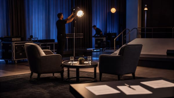 Dos sillones preparados para una conversación y un técnico ajustando luces antes de un evento corporativo.