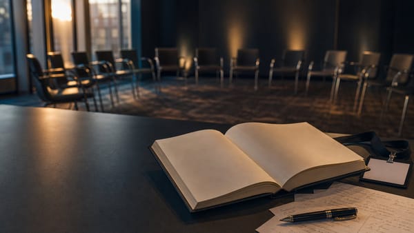Libro abierto y materiales de agenda sobre una mesa frente a una sala de conferencia dispuesta en círculo