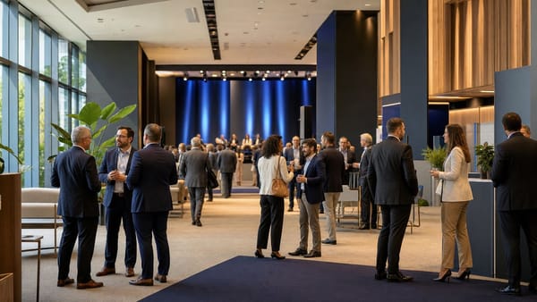 Profesionales conversan en el pasillo de una feria empresarial junto a un escenario de panel.