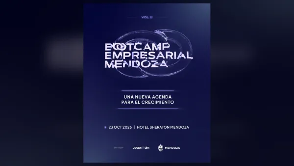 Afiche oficial azul del Bootcamp Empresarial Mendoza 2026, con fecha y sede del encuentro.