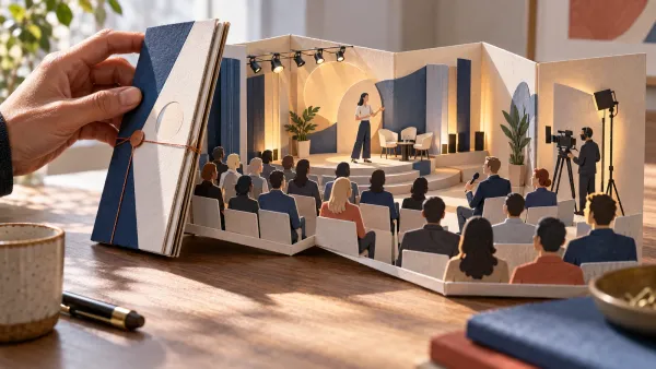 Un dossier desplegable se transforma en un escenario en miniatura con un speaker, una audiencia, una sesión de preguntas y el equipo técnico.