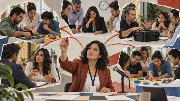 Una curadora conecta cinco escenas de trabajo que representan distintas presiones empresariales para programar una conferencia.