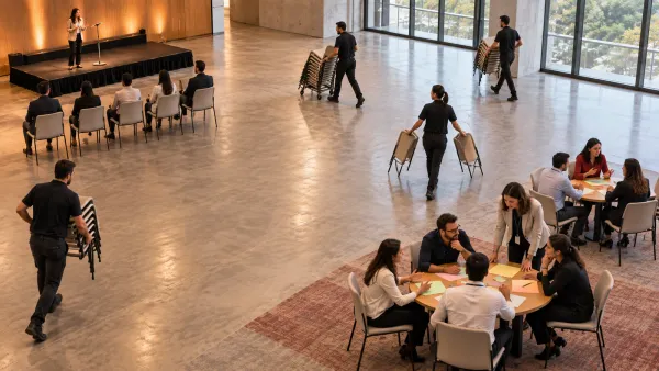 Un equipo transforma una sala de conferencia con filas orientadas al escenario en mesas de trabajo donde los participantes practican y reciben acompañamiento.