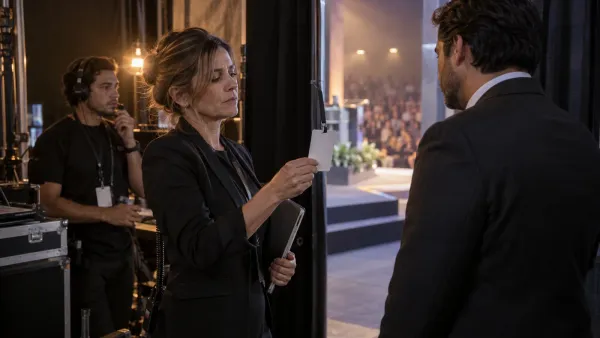 Una directora de eventos revisa una credencial antes de autorizar la entrada de un ponente al escenario.