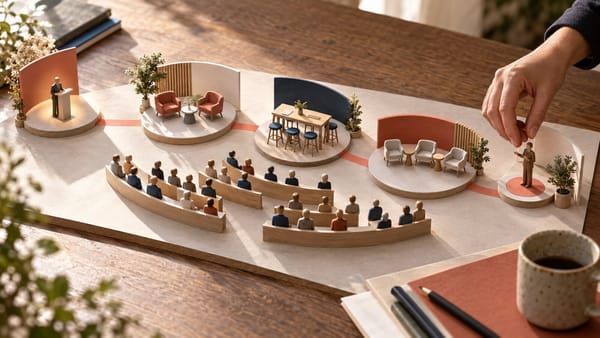 Maqueta de una agenda de conferencias con keynote, entrevista, taller, panel y moderación articulados frente a una misma audiencia.