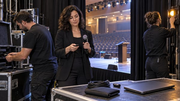 Una speaker técnica prueba el micrófono y el control remoto mientras producción verifica los equipos antes de abrir el escenario.