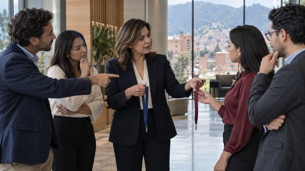 Una líder entrega dos acreditaciones sin marca mientras su equipo decide quién asistirá a una experiencia ejecutiva en Bogotá.