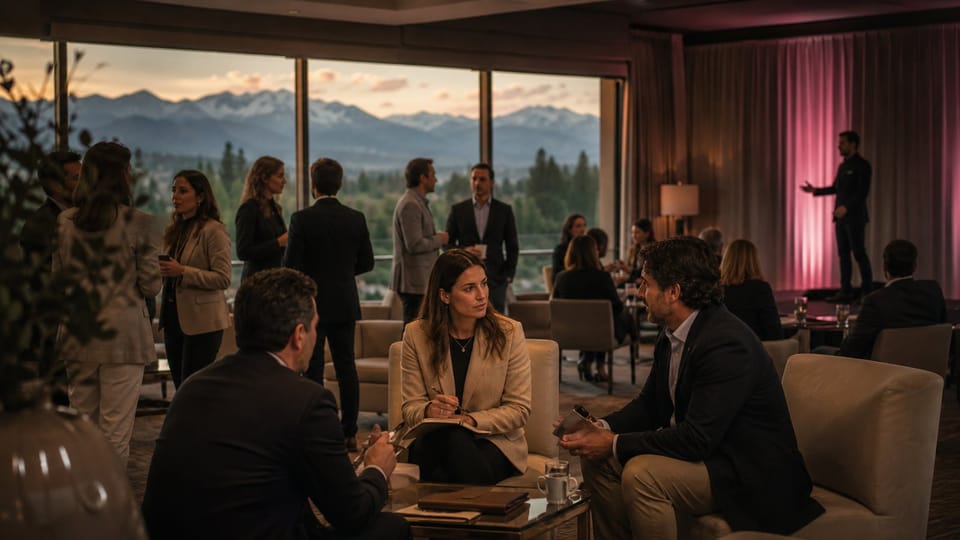 Profesionales conversan en un encuentro empresarial con una presentación al fondo y paisaje andino visible.