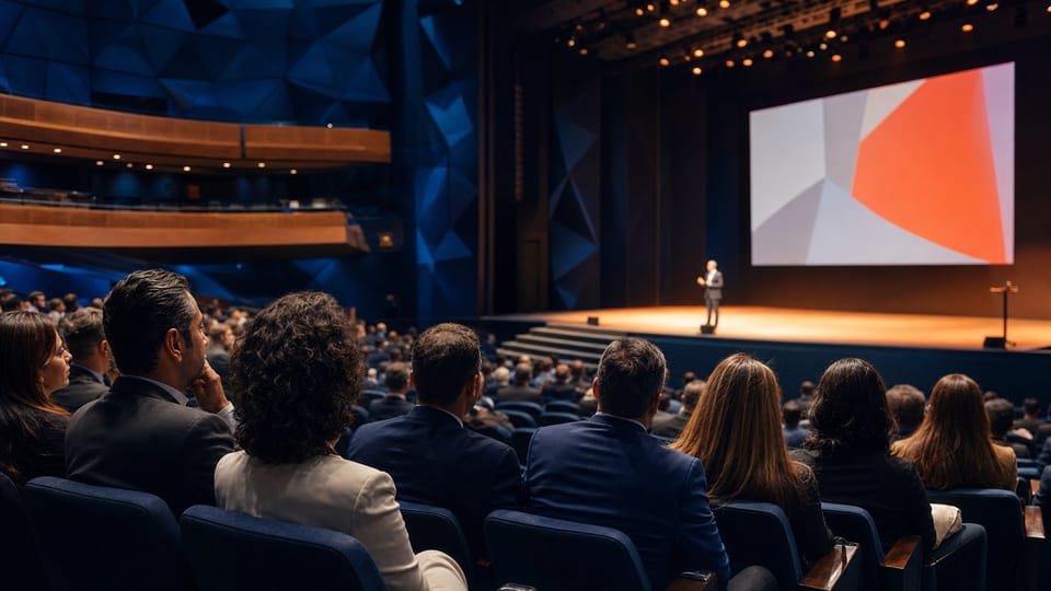 Auditorio ejecutivo ilustrativo durante una conferencia de estrategia e innovación.