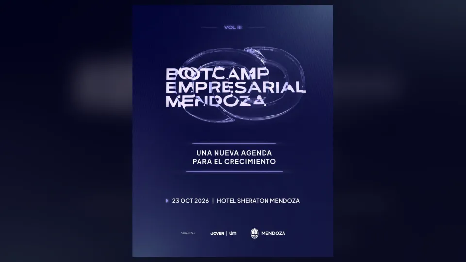 Afiche oficial azul del Bootcamp Empresarial Mendoza 2026, con fecha y sede del encuentro.