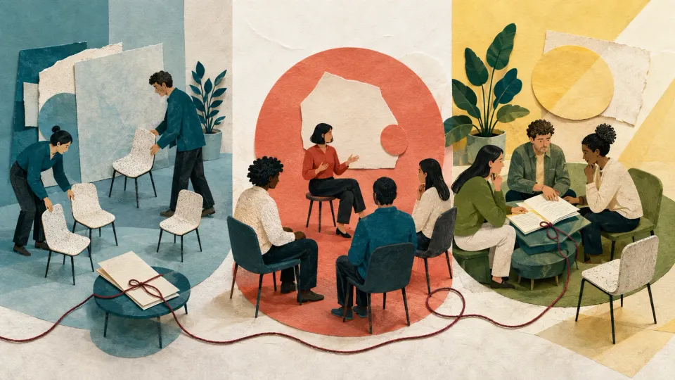 Secuencia ilustrada de preparación, encuentro y seguimiento que prolonga la relación después de un evento.