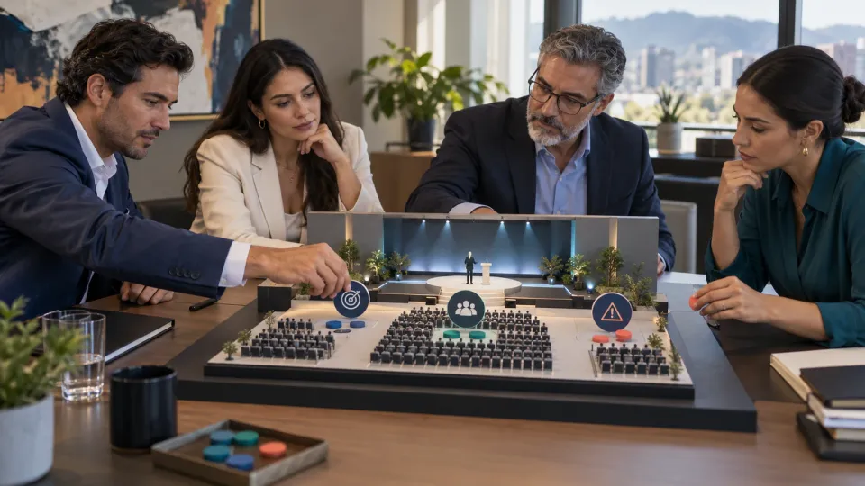 Cuatro integrantes de un comité ejecutivo evalúan una maqueta de auditorio antes de decidir la contratación de un speaker.