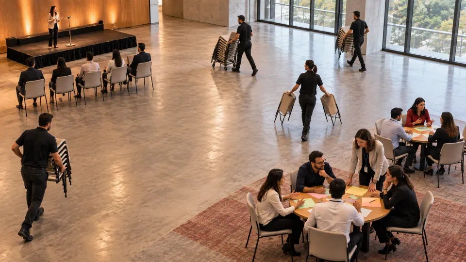 Un equipo transforma una sala de conferencia con filas orientadas al escenario en mesas de trabajo donde los participantes practican y reciben acompañamiento.