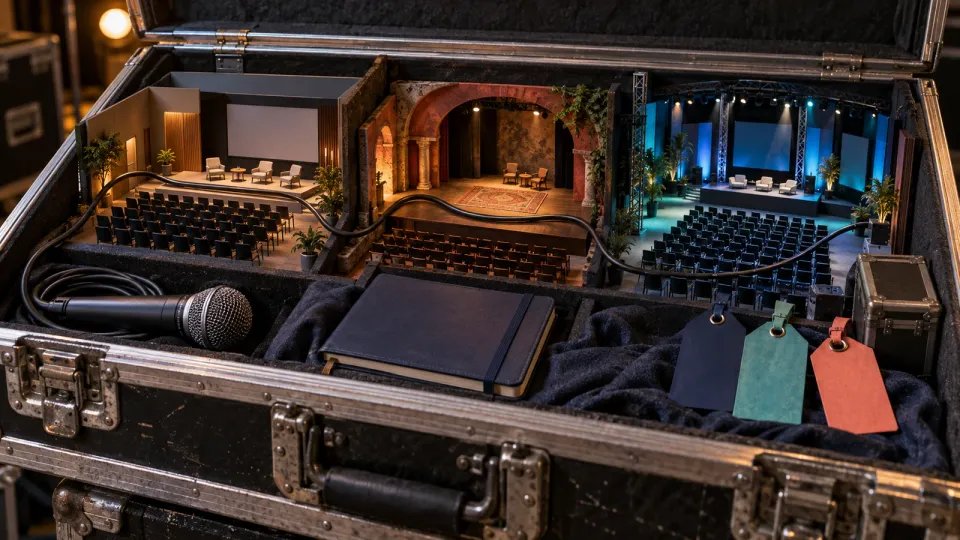 Un flight case conecta mediante un cable de audio tres escenarios diferentes como símbolo de la circulación profesional de speakers.