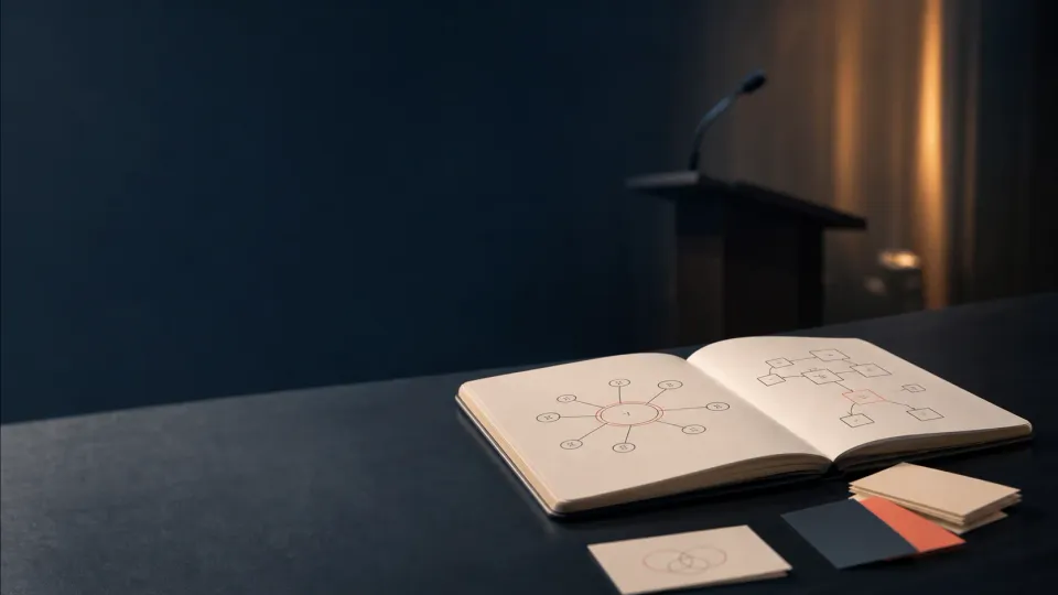 Libreta de preparación con una estructura de ideas junto a un micrófono de escenario desenfocado.